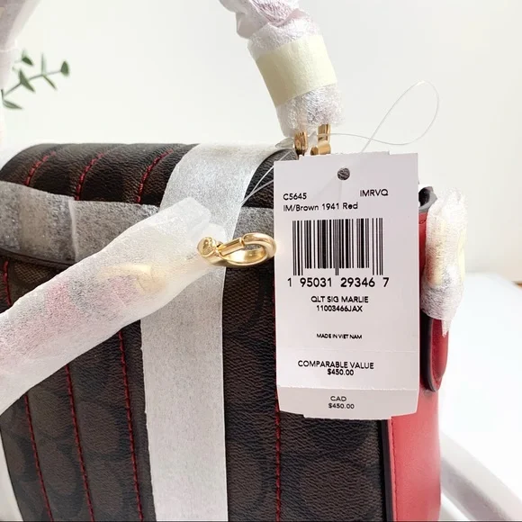 Coach Marlie Top Handle Satchel In Signature Canvas Handbag Bag Brown Red - Picture 12 of 13